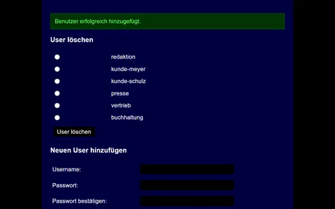 Erfolgsmeldung nach dem Anlegen eines Benutzers, die Liste enthält jetzt sechs Konten einschließlich buchhaltung