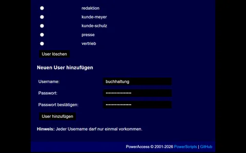 Liste mit fünf Benutzern zum Löschen und ausgefülltes Formular für den neuen Benutzer buchhaltung mit Passwortbestätigung