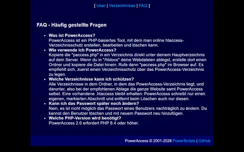 FAQ mit Antworten zur Ablage von PowerAccess, zu den schützbaren Verzeichnissen, zum Ändern von Passwörtern und zur PHP-Version