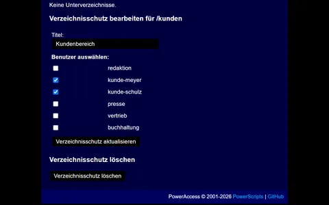 Geschützter Ordner /kunden mit dem Titel Kundenbereich, den Benutzern kunde-meyer und kunde-schulz und der Schaltfläche zum Löschen