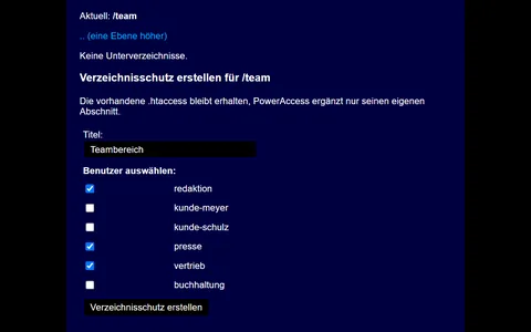 Formular für den Ordner /team mit dem Titel Teambereich, drei ausgewählten Benutzern und Hinweis auf die vorhandene .htaccess