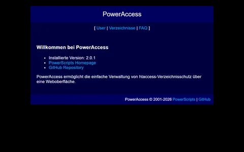Startseite von PowerAccess mit Navigation zu Benutzern, Verzeichnissen und FAQ sowie der installierten Version 2.0.1