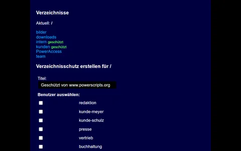 Webverzeichnis mit alphabetisch sortierten Ordnern, intern und kunden sind grün als geschützt markiert, darunter das Schutzformular