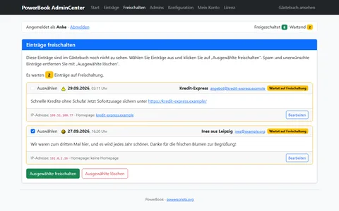 Zwei wartende Einträge mit Kontrollkästchen, IP-Adresse und Knöpfen zum Freischalten oder Löschen, einer davon ist Werbung