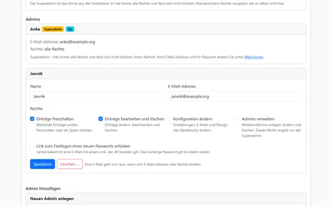 Verwaltung der Admins mit dem Superadmin und einem Moderator, der Einträge freischalten, bearbeiten und löschen darf