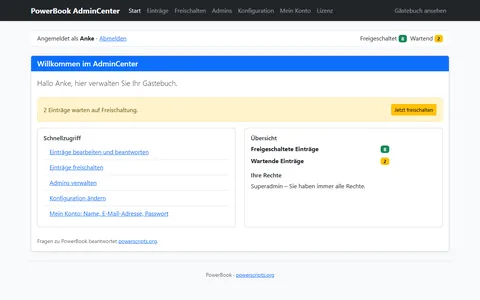 AdminCenter mit Hinweis auf zwei wartende Einträge, Schnellzugriff, Zählern für Einträge und den Rechten des angemeldeten Admins