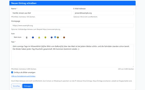 Ausgefülltes Formular für einen neuen Eintrag mit Name, E-Mail-Adresse, Auswahl des Icons, formatiertem Text und Zeichenzähler