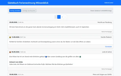 Gästebuch einer Ferienwohnung mit Blätterleiste, Einträgen mit Icons und Smileys und einer Antwort der Gastgeberin