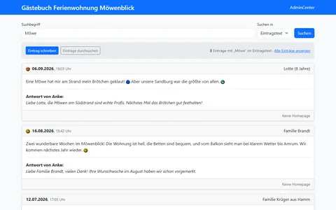 Suchfeld mit Auswahl des Suchbereichs und drei gefundenen Einträgen, deren Text den Begriff „Möwe“ enthält