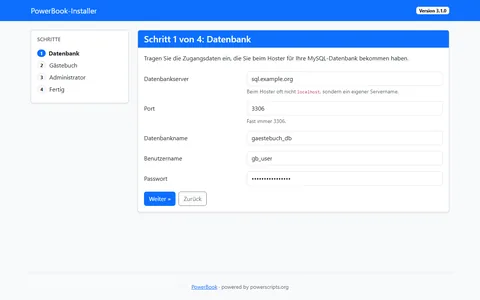 Erster Installationsschritt mit ausgefülltem Formular für Datenbankserver, Port, Datenbankname, Benutzername und Passwort