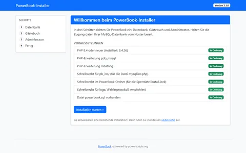 Startseite des Installers mit vier Schritten und sieben erfüllten Voraussetzungen wie PHP-Version, Erweiterungen und Schreibrechten