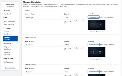 Formular zum Bearbeiten eines Clanwars mit Map-Namen, Rundenergebnis und hochgeladenem Screenshot für jede der drei Maps