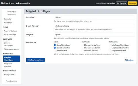 Formular zum Anlegen des Mitglieds Seebär mit E-Mail-Adresse, Aufgabe und einzeln wählbaren Rechten für News, Clanwars und Mitglieder