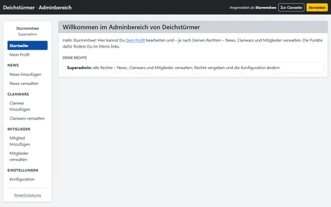 Startseite des Adminbereichs mit Menü für News, Clanwars, Mitglieder und Konfiguration sowie den Rechten des Superadmins