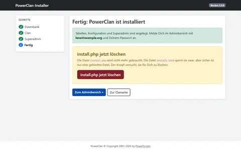 Abschlussseite des Installers mit Erfolgsmeldung, Knopf zum Löschen der install.php und Links zu Adminbereich und Clanseite