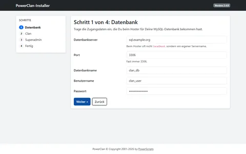 Installer in Schritt 1 von 4 mit ausgefülltem Formular für Datenbankserver, Port, Datenbankname, Benutzer und Passwort