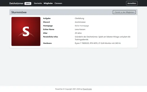 Öffentliches Profil des Mitglieds Sturmmöwe mit Profilbild, Aufgabe, Discord-Name, Alter, persönlichen Infos und Hardware