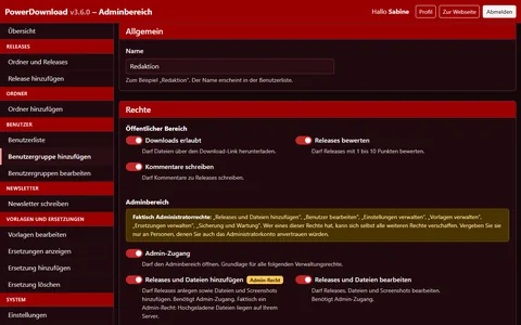 Neue Benutzergruppe „Redaktion“ mit Schaltern für Rechte im öffentlichen Bereich und im Adminbereich samt Warnhinweis zu Admin-Rechten