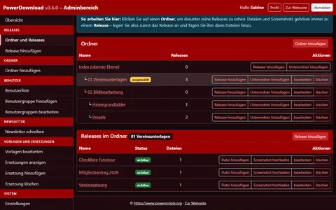 Verwaltung von Ordnern und Releases mit Ordnerbaum und den drei Releases im Ordner „01 Vereinsunterlagen“ samt Status und Aktionen