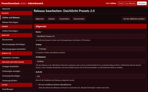 Formular zum Bearbeiten eines Releases mit Name, Ordner, Sichtbarkeit, Aufrufzähler und der Option „Als neu markieren“