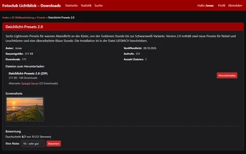 Release „Deichlicht-Presets 2.0“ mit Beschreibung, Eckdaten, ZIP-Datei samt Spiegel-Server, Screenshot und Formular zur Bewertung