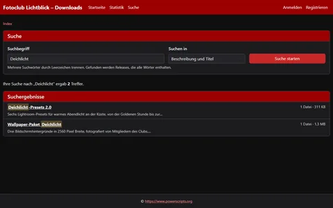 Suchformular mit dem Begriff „Deichlicht“ und zwei gefundenen Releases, in deren Titeln der Suchbegriff markiert ist