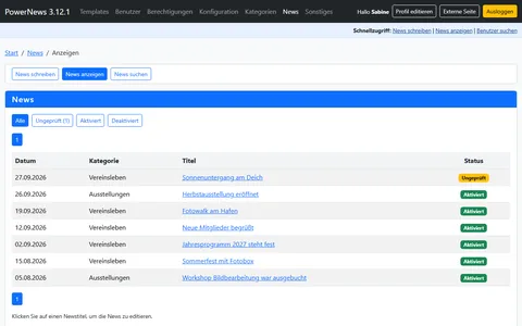 Liste aller News im Adminbereich mit Datum, Kategorie, Titel und Status, eine Einsendung wartet noch auf Prüfung