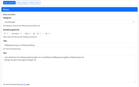 Formular zum Schreiben einer News mit Kategorie, geplantem Erscheinungstermin, Titel und Text mit BB-Code