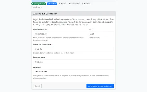 Zweiter Schritt des Installers mit ausgefülltem Formular für Datenbankserver, Port, Datenbankname, Benutzer und Passwort