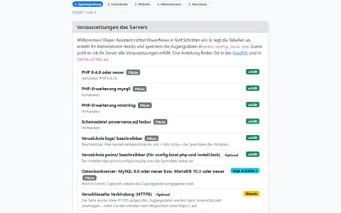 Erster Schritt des Installers mit der Prüfung von PHP-Version, Erweiterungen und Schreibrechten, alle Pflichtpunkte erfüllt