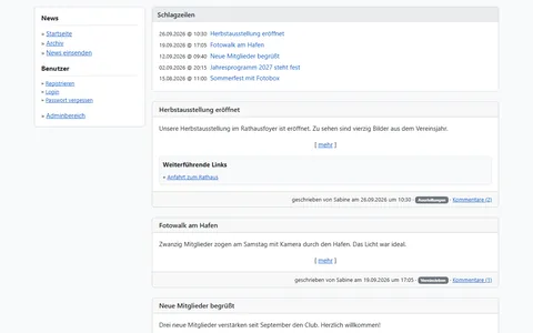 Newsseite mit den fünf neuesten Schlagzeilen, darunter die News mit Kurztext, weiterführendem Link, Kategorie und Kommentarzahl