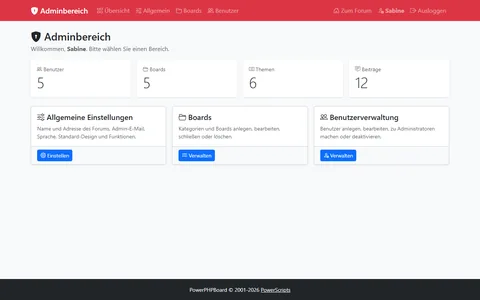 Startseite des Adminbereichs mit Zahlen zu Benutzern, Boards, Themen und Beiträgen sowie Zugängen zu den drei Verwaltungsbereichen