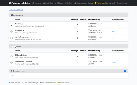 Startseite des Forums mit den Kategorien Allgemeines und Fotografie, Beitragszahlen, letztem Beitrag und Moderatoren je Board