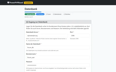 Zweiter Schritt des Web-Installers mit Fortschrittsanzeige und ausgefülltem Formular für Datenbank-Server, Datenbank und Benutzer