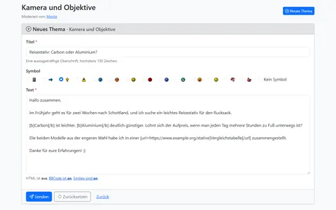 Formular für ein neues Thema mit Titel, Auswahl eines Symbols und Text mit BBCode für Fettschrift und Link