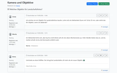 Thema zur Objektivwahl mit drei Beiträgen, Autorenspalte mit Rang und Registrierdatum, Signaturen und Schaltflächen je Beitrag